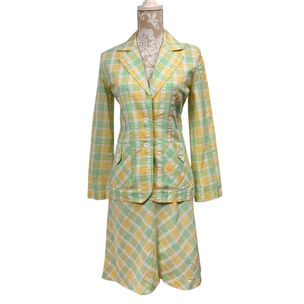 Vintage 70s Jantzen Green Yellow Plaid Seersucker Jacket Skirt Suit Set Groovy